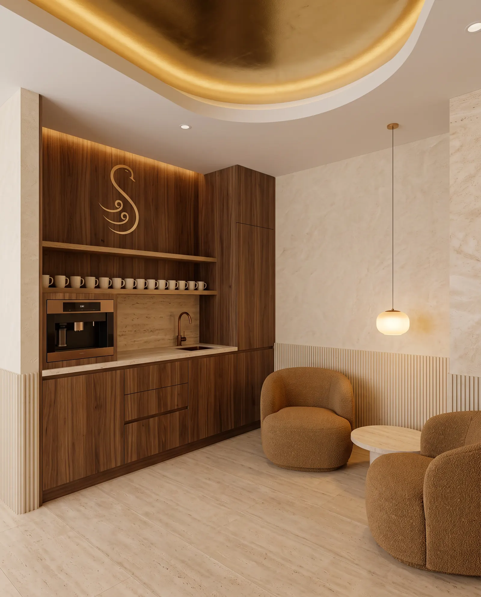 The kitchenette, a walnut counter and two caramel armchairs