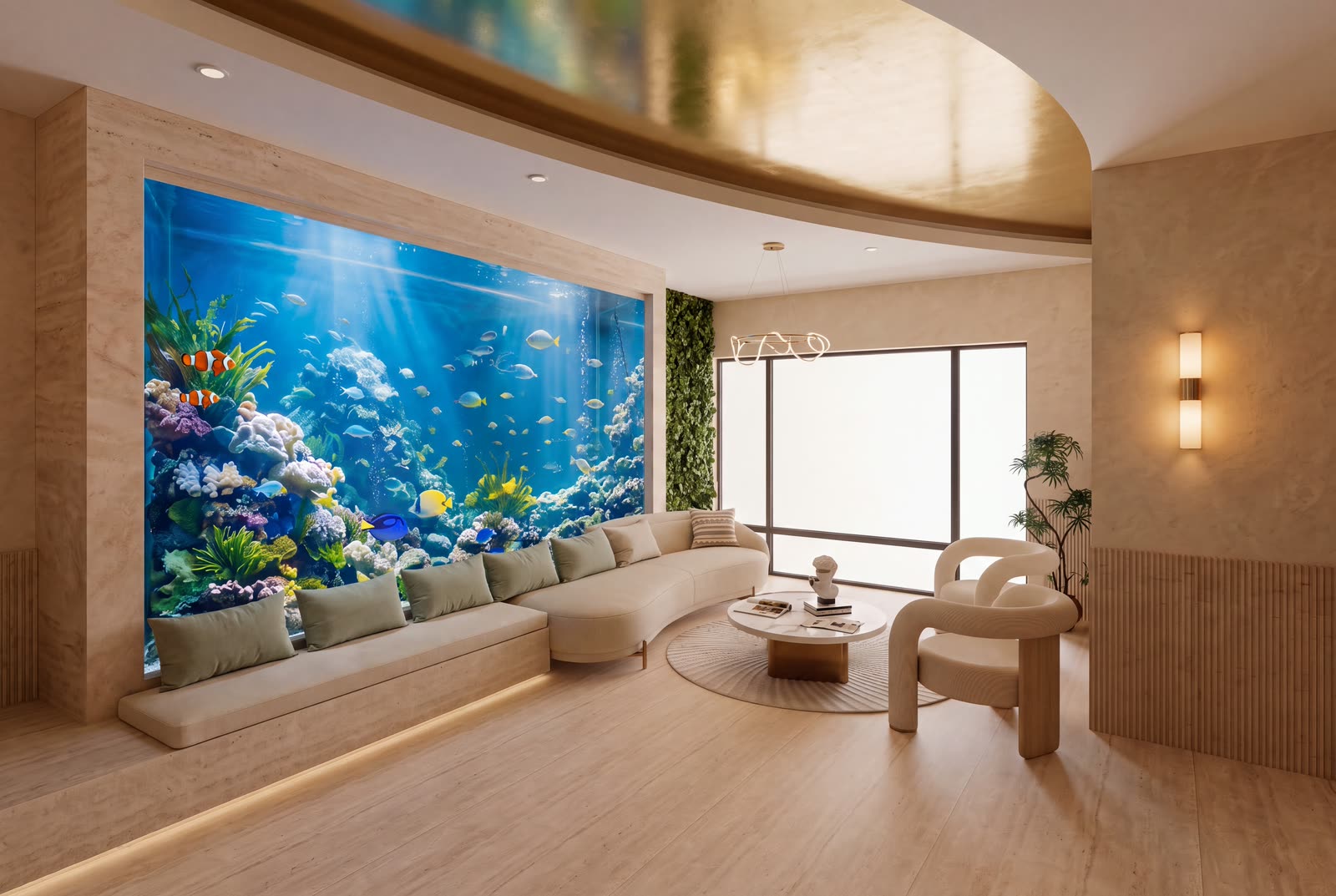 The lounge: a wide reef fish tank set in travertine, with a curved sofa