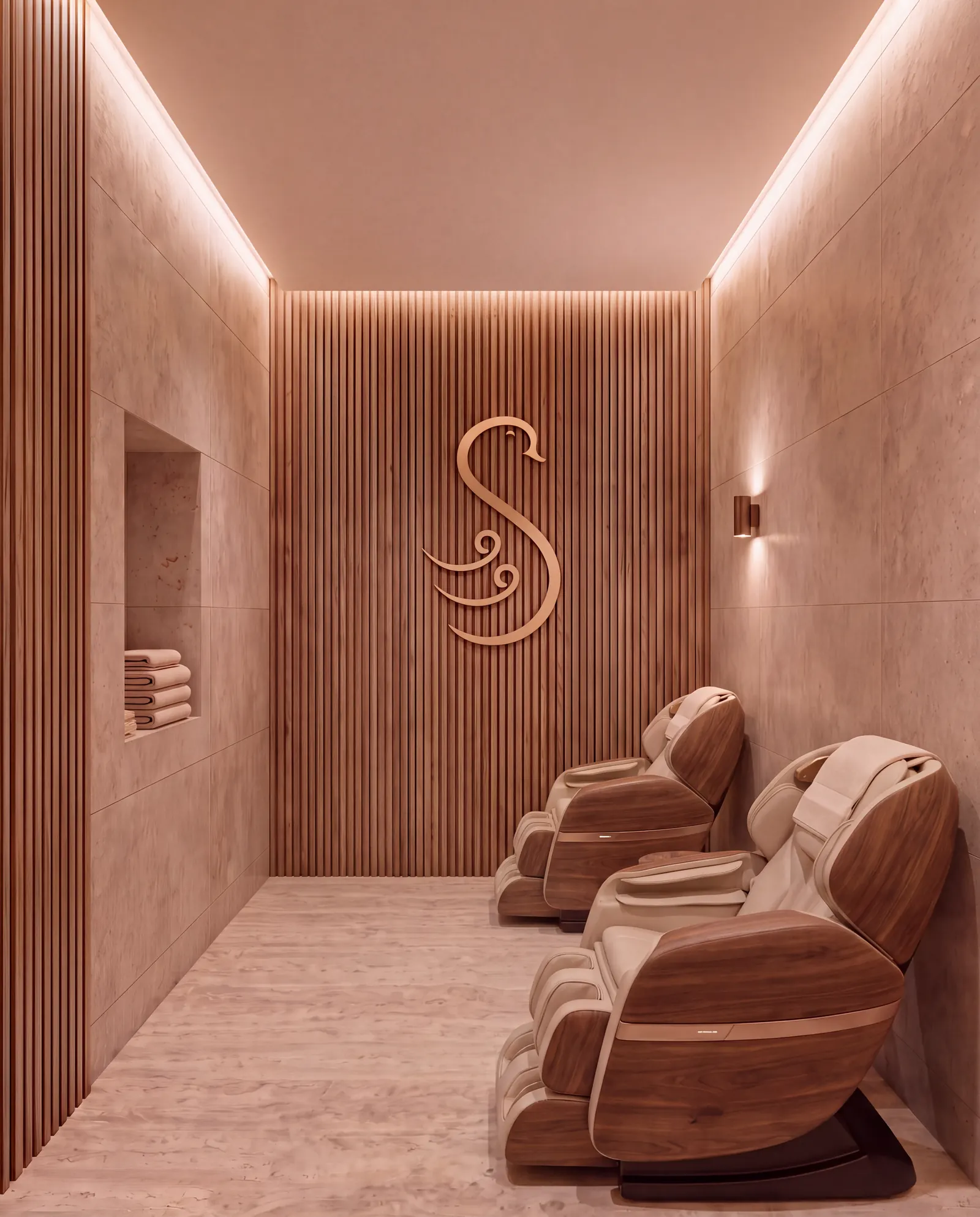 The massage room, leather chairs beside an oak slatted wall and the swan