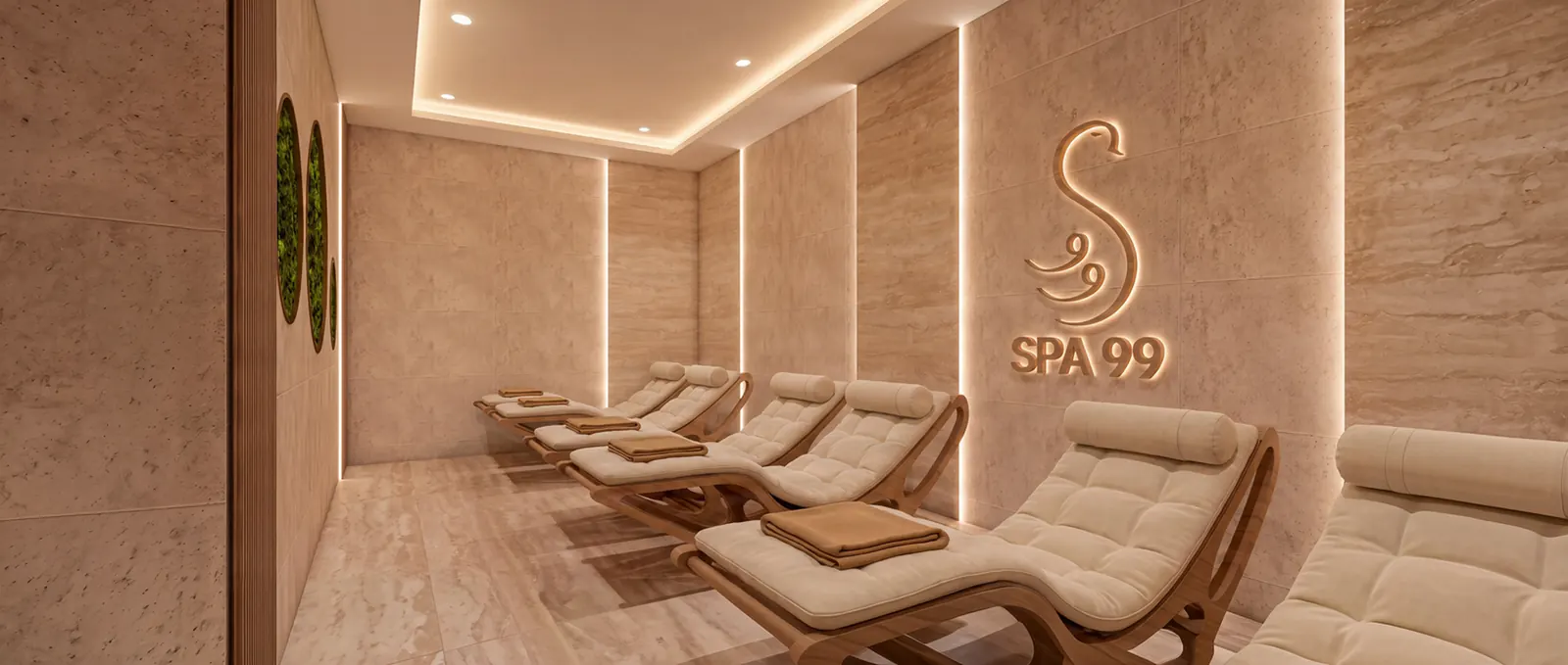The relaxing zone, with loungers and the swan on the wall