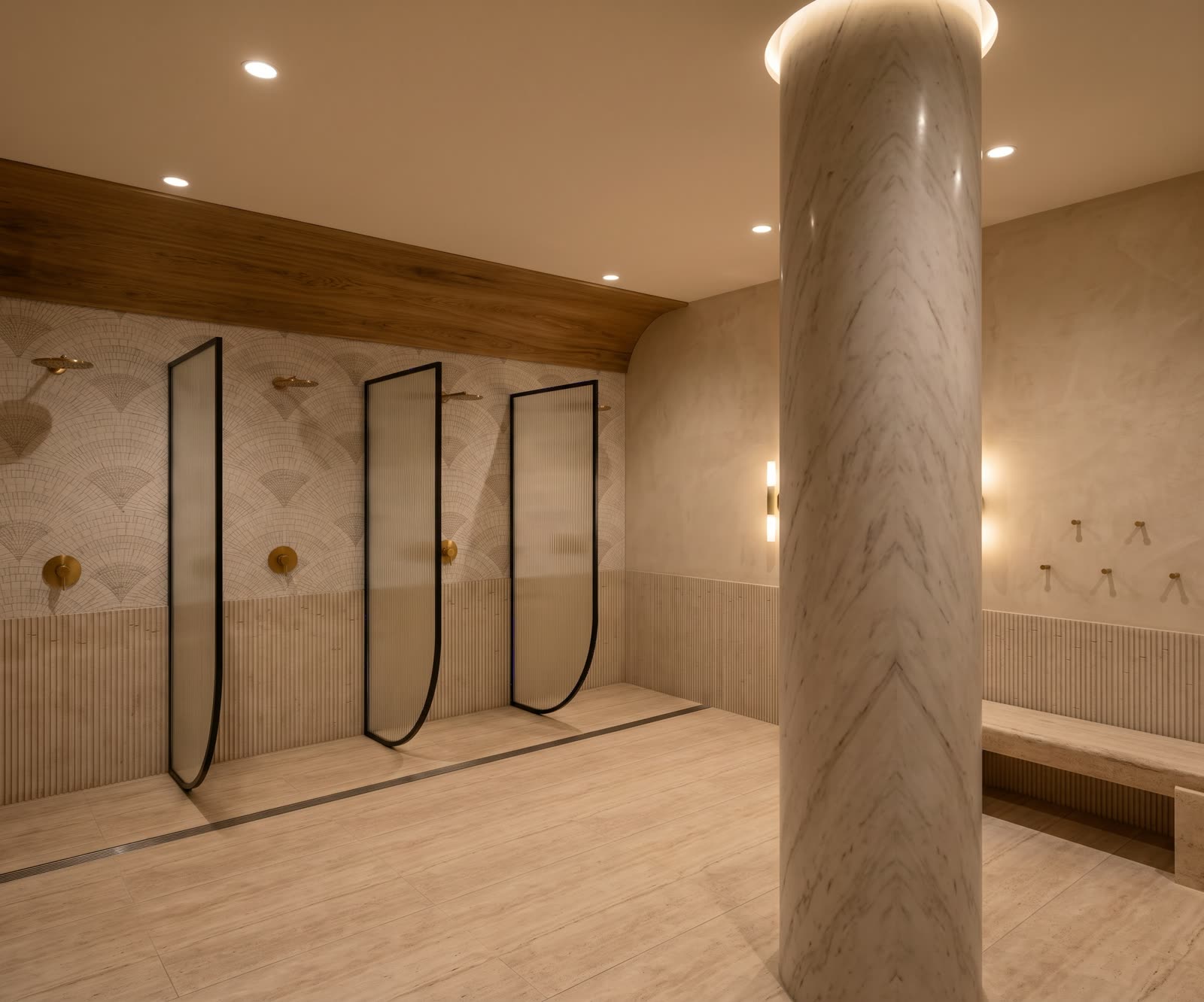 Rain showers behind black-framed frosted glass screens, with a marble column and a mosaic wall