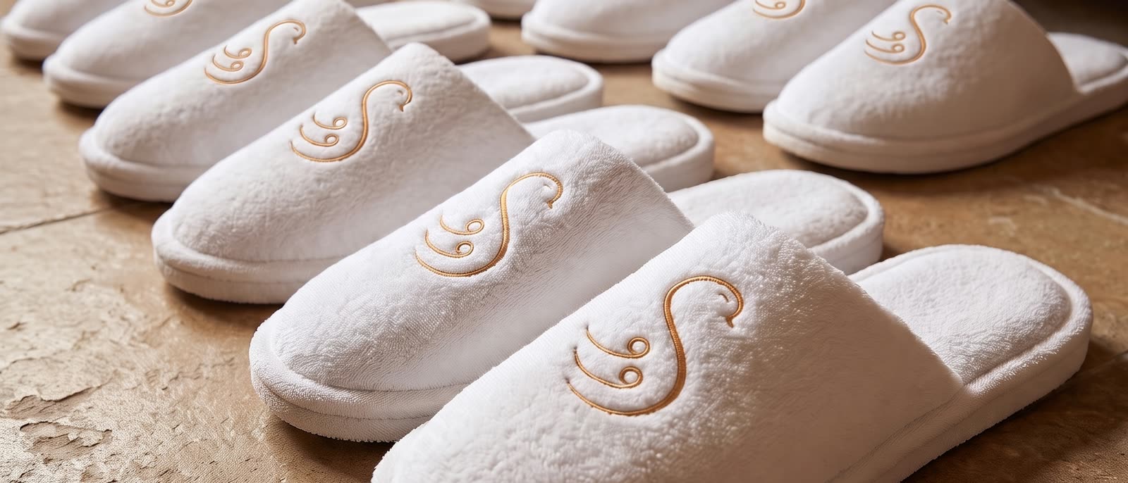 A pair of white swan slippers by a wooden lounger