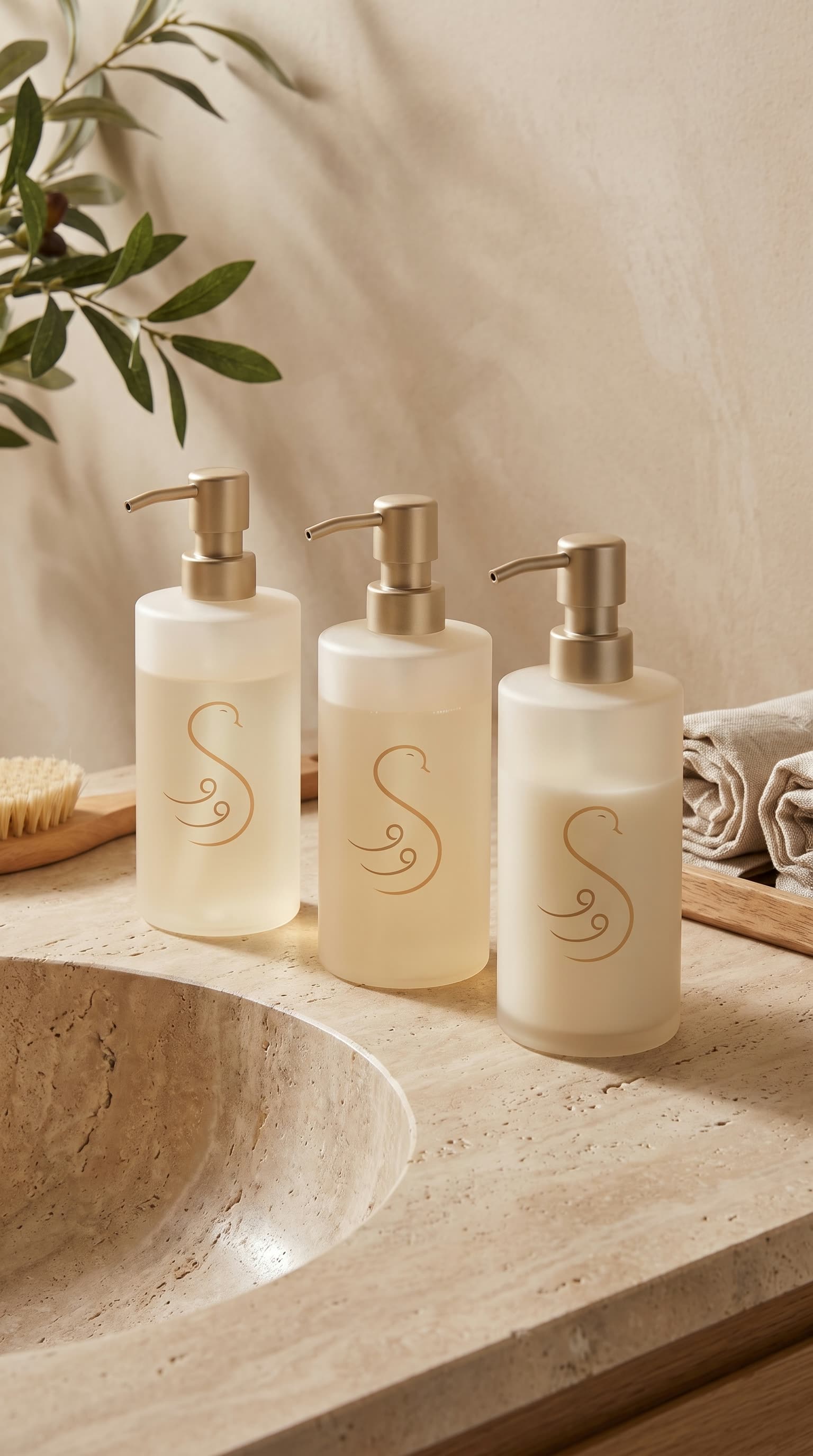 Three frosted bottles with the gold swan in a stone niche