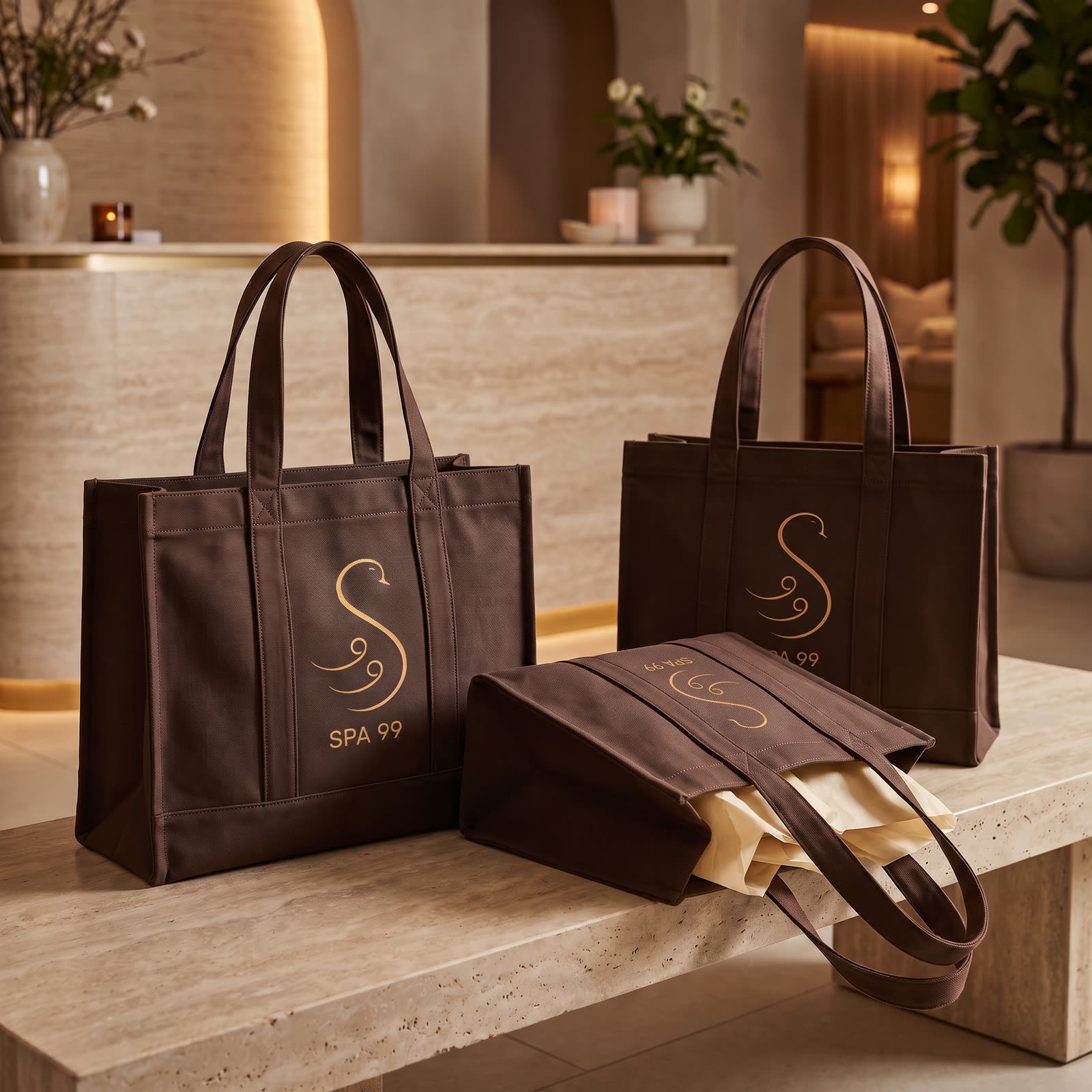 An espresso canvas bag with the gold swan on a stone bench