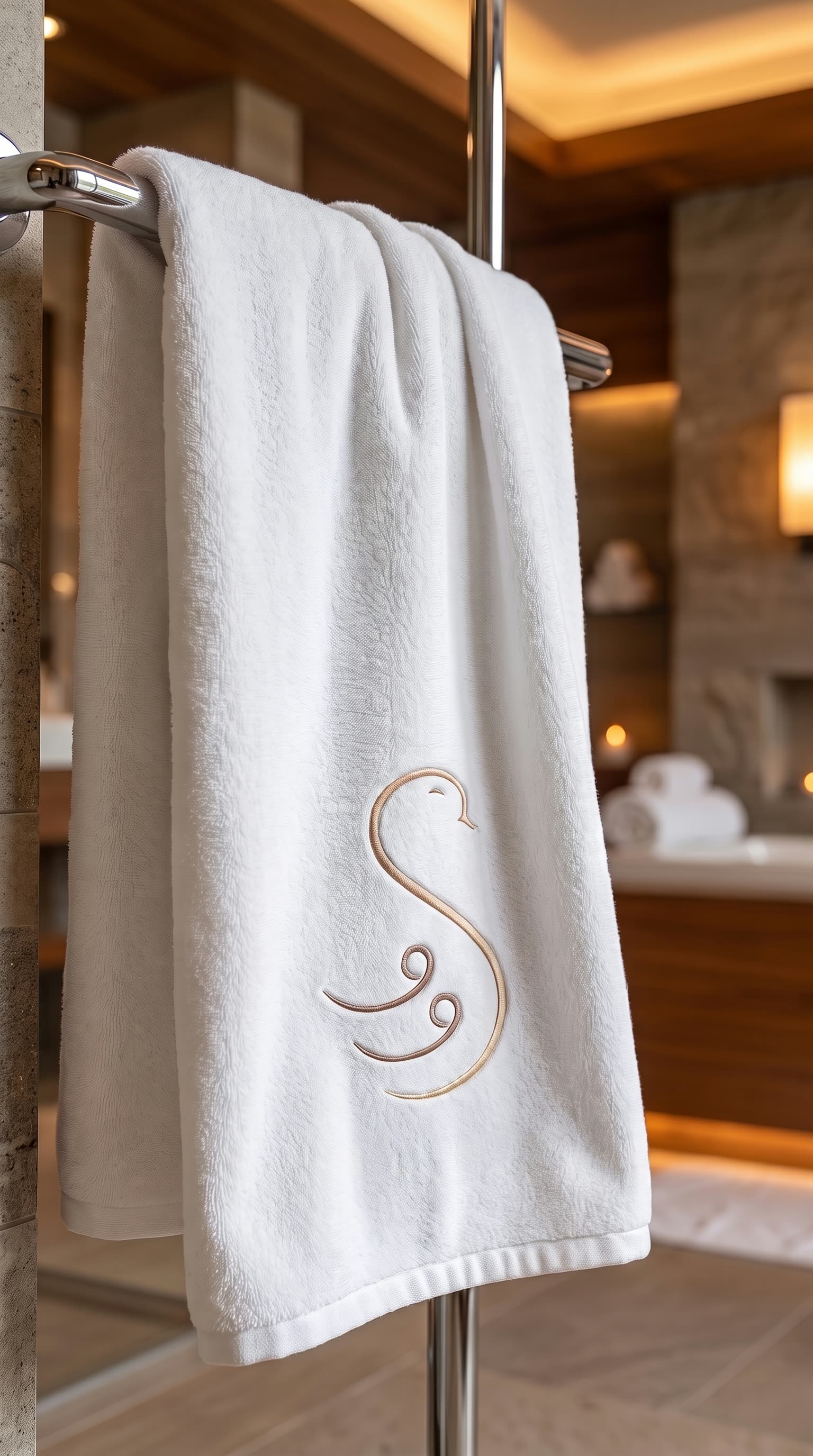 A swan towel on a bronze rail by the shower