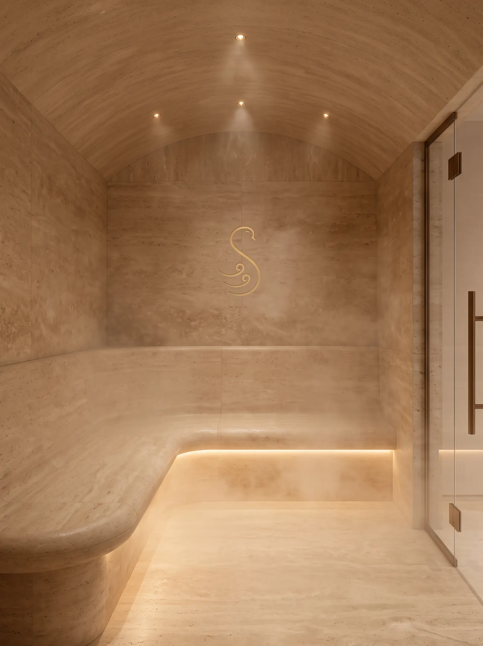 The wet sauna, travertine walls and a curved bench