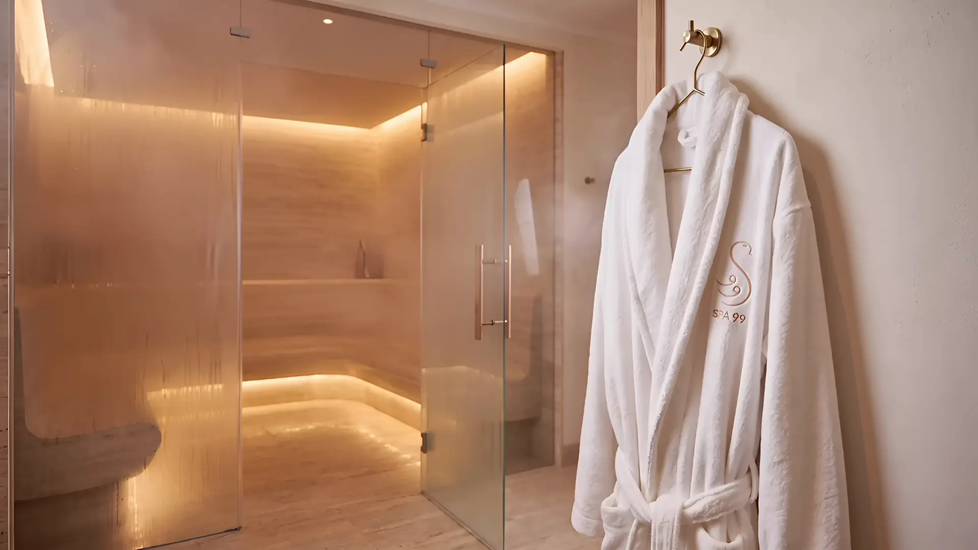 A white robe with the gold swan hanging on a bronze hook